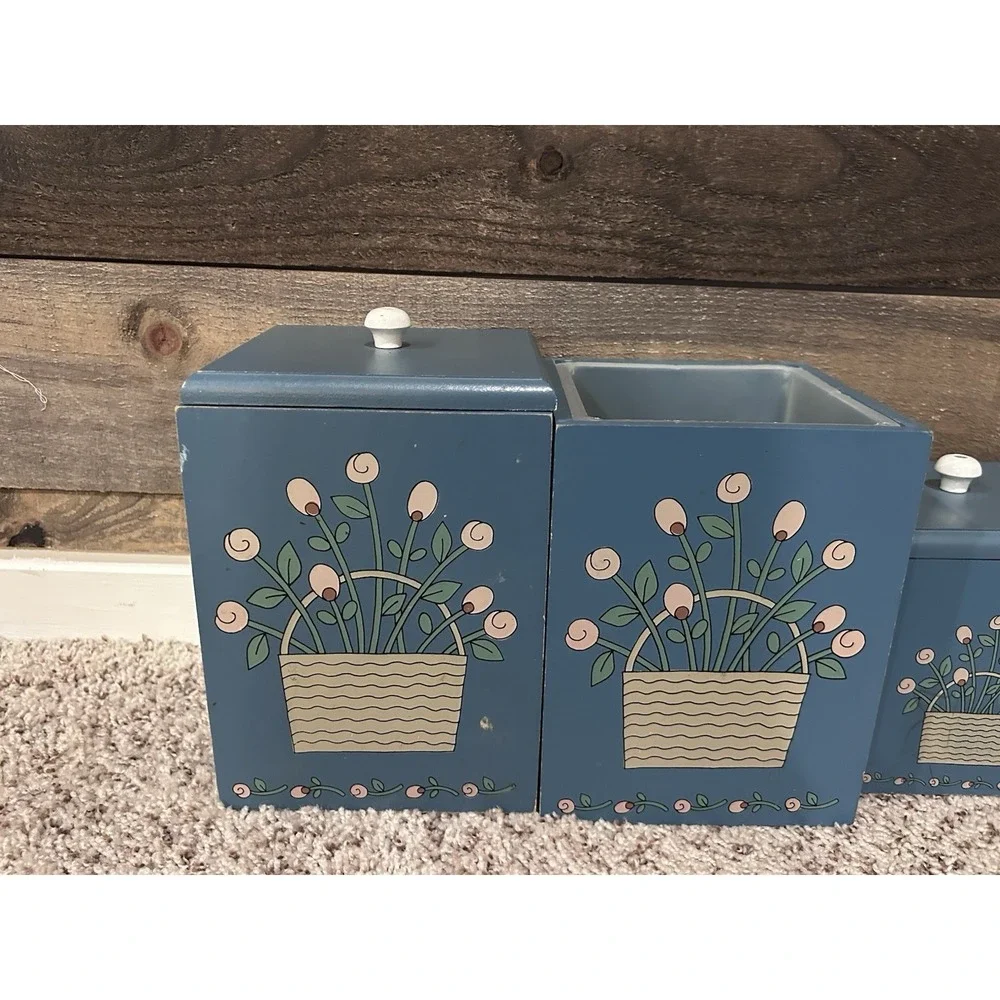Four Vintage Blue Painted Floral Farmhouse Wooden Kitchen‎ Canister READ